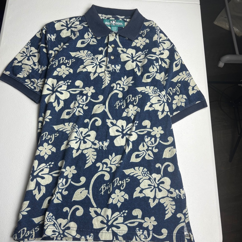Big Dogs Mens Large Blue Floral Hibiscus Logo All Over Print Cotton Polo Shirt